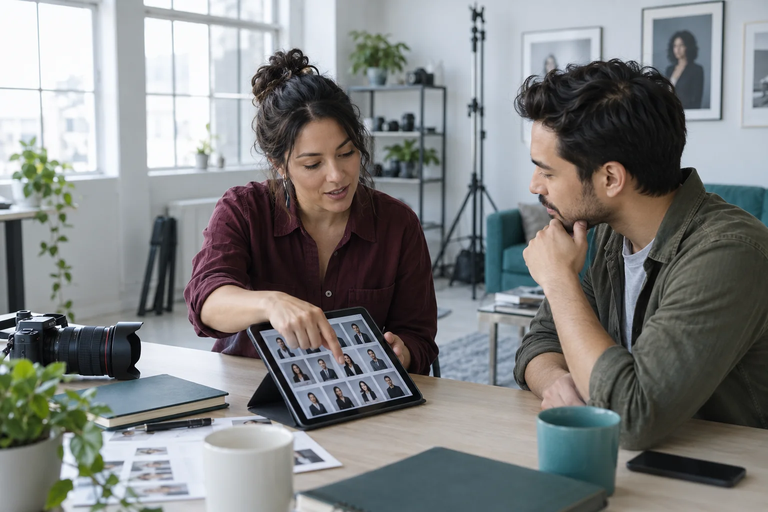 Illustrative photographer and client reviewing a shoot plan together