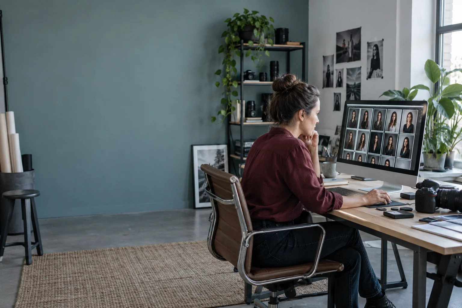 Illustrative photographer working at her studio editing desk