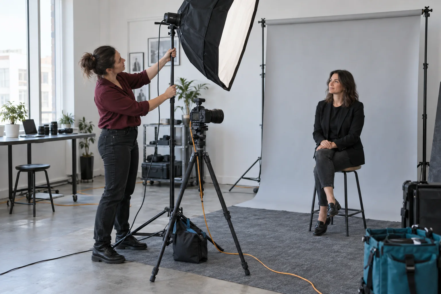 Illustrative photographer setting up a softbox and camera for a portrait client